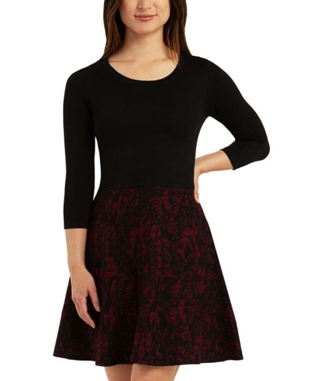 BCX Women's Knit Dress Medium Black Dark Red 3/4 Sleeve Lace Overlay NWT